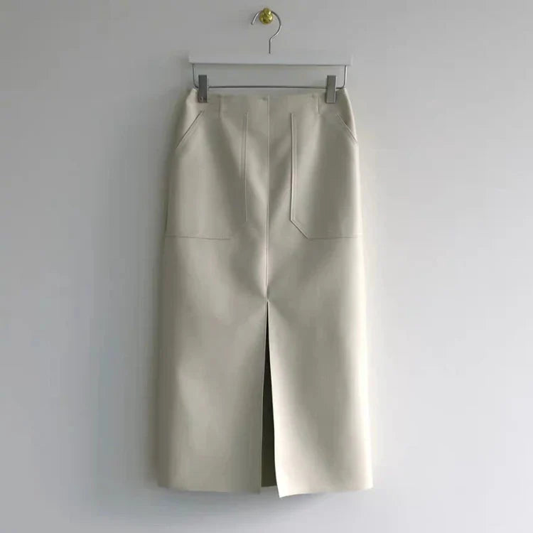 Slim Straight Faux Leather Skirt Women Chic Split Design Fashion