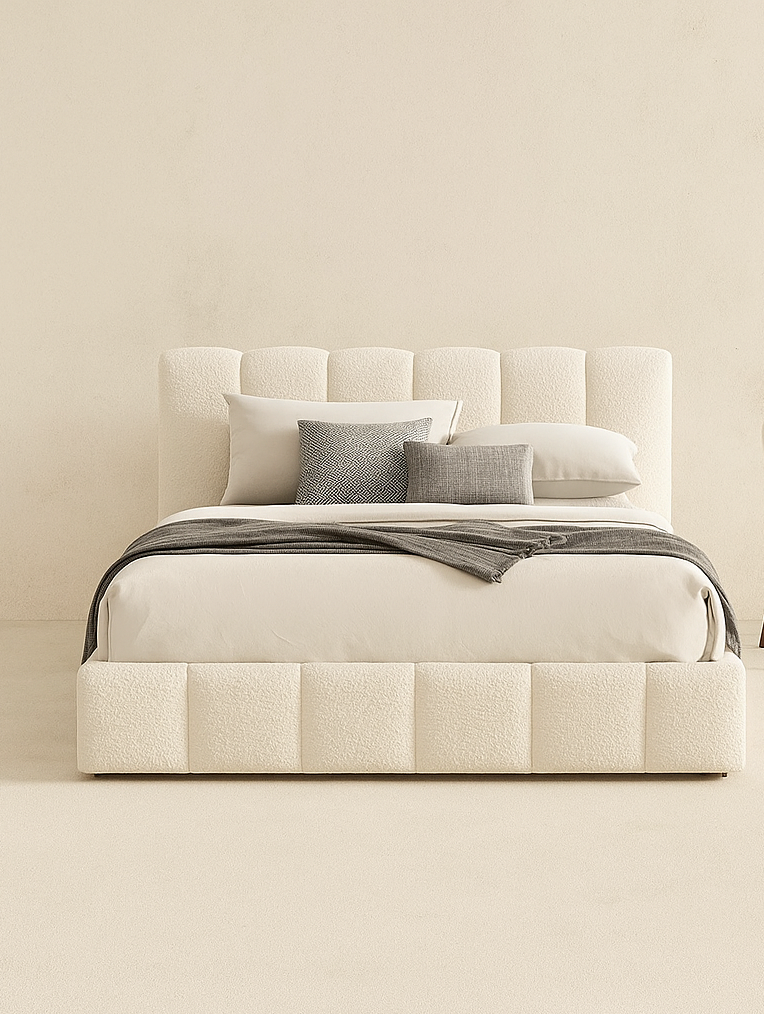Hilar White Boucle Platform Bed Queen