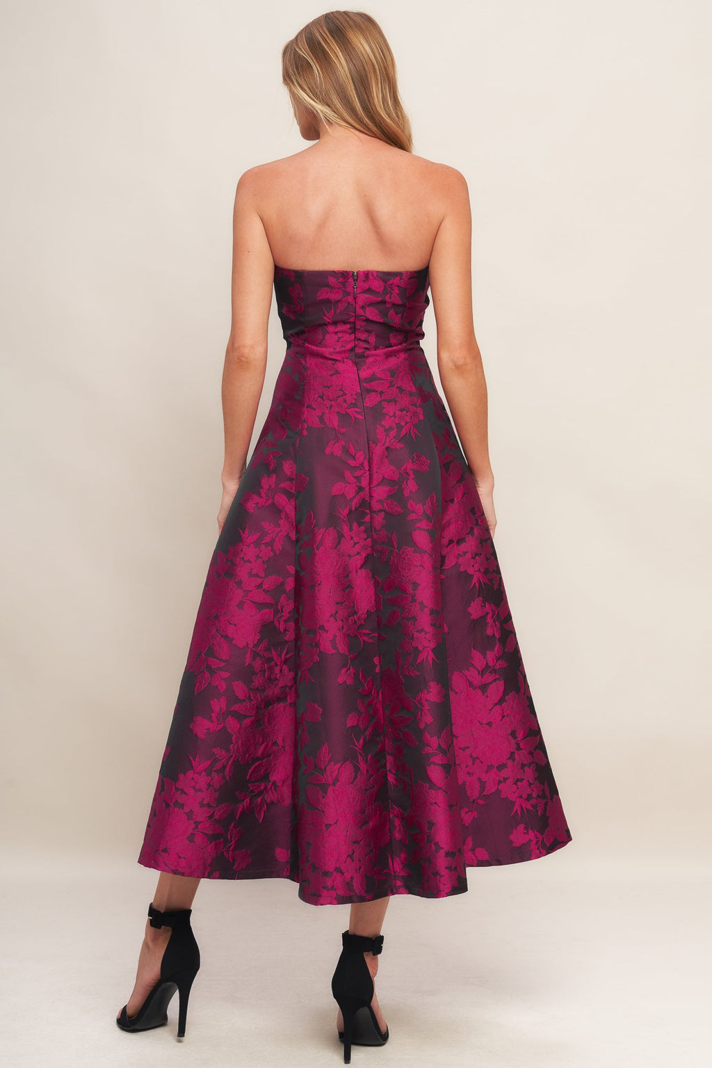 BLACK ROSE AFFAIR WOVEN JACQUARD MIDI DRESS
