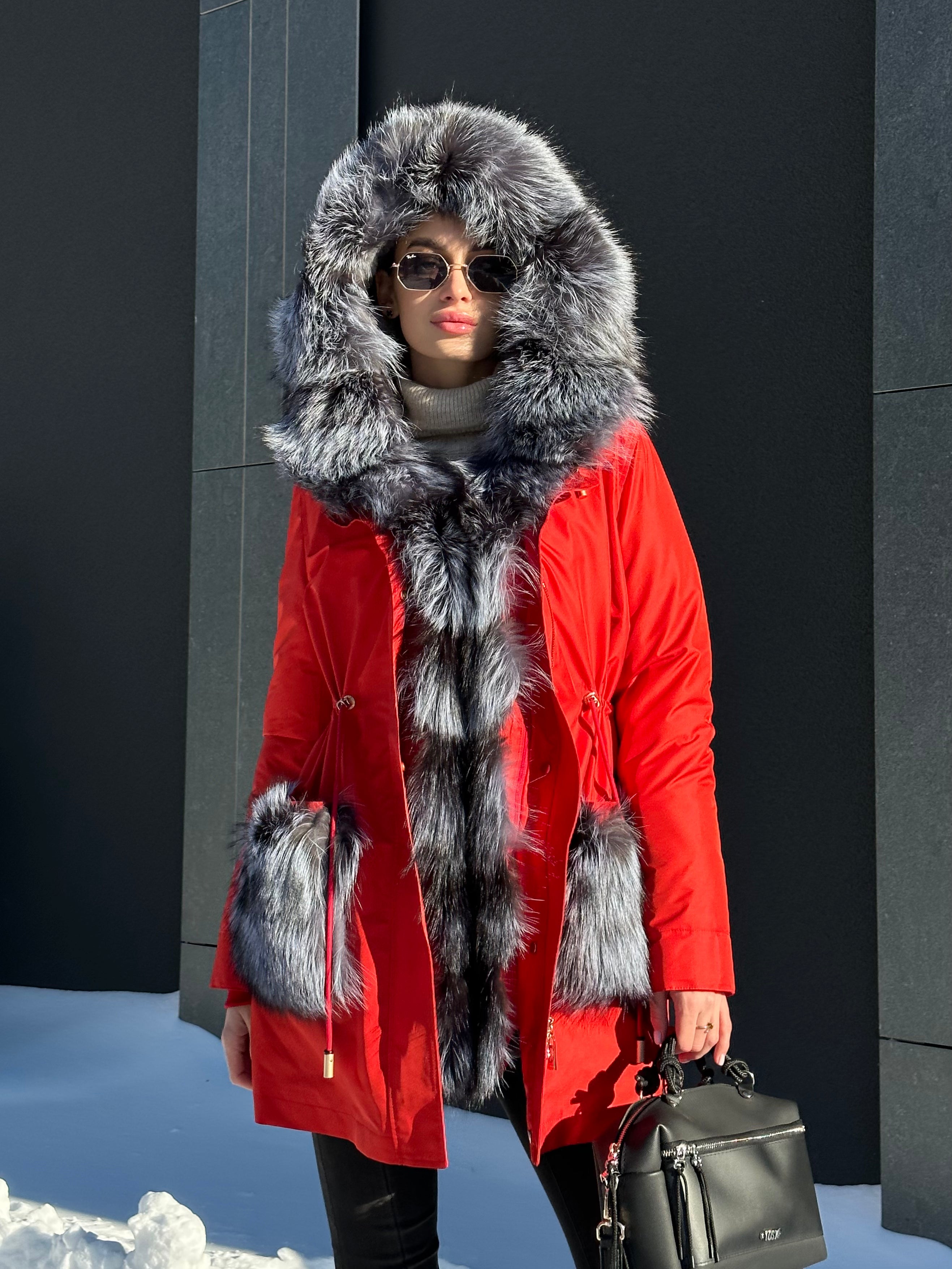 Genuine Silver Fox Fur Rabbit Fur Insulated Parka