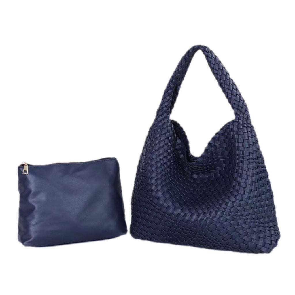 The Willow | Large Woven Vegan Leather Tote - Navy