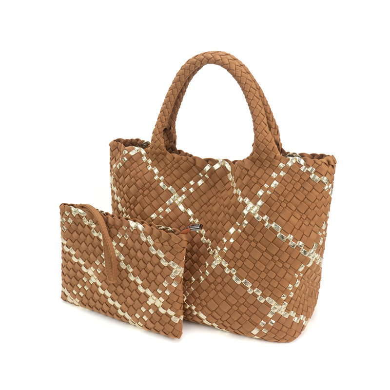 The Charli | Large Woven Neoprene Tote with Wristlet | Almond with Gold Stripe