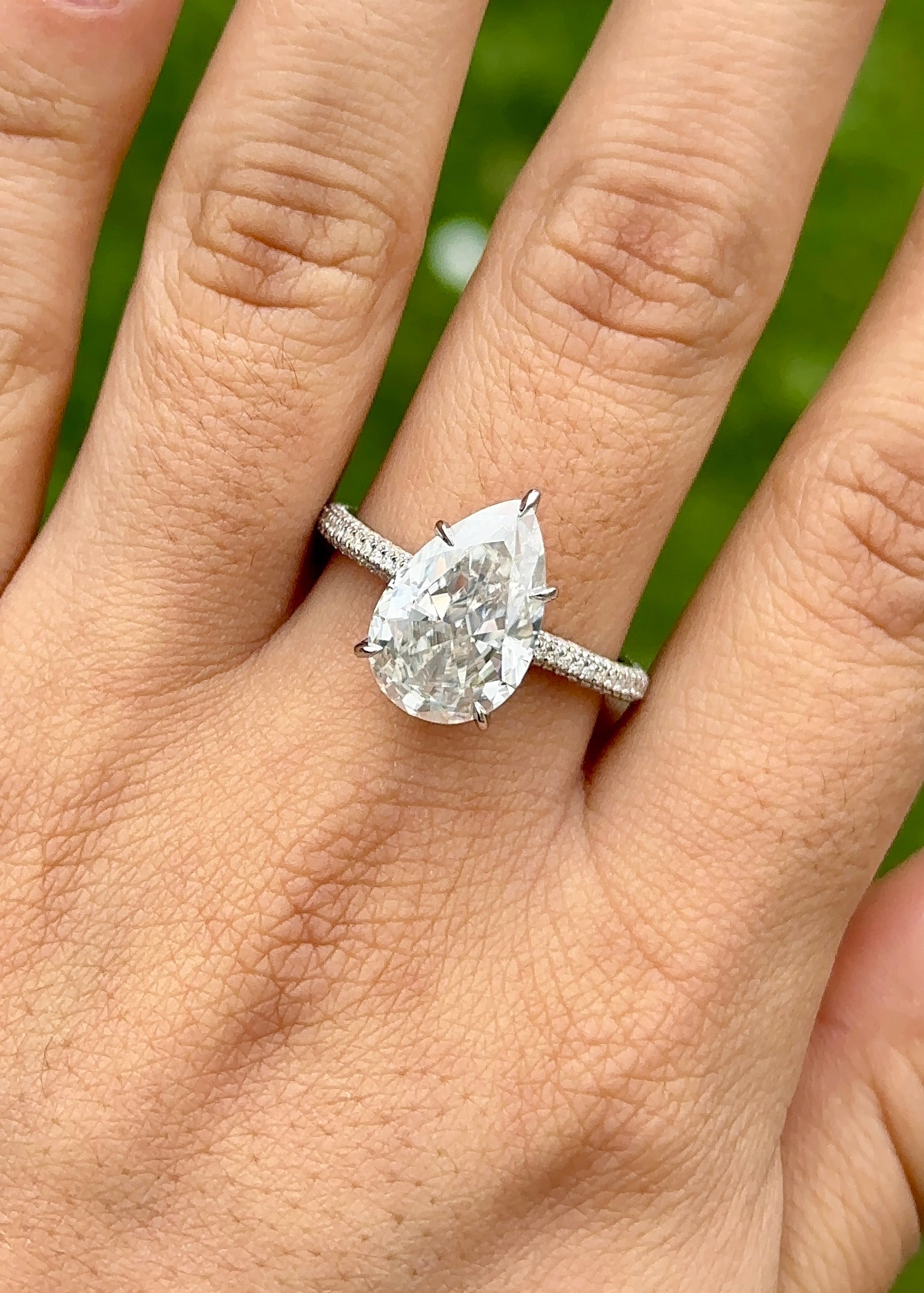 5.0ct Pear Cut Moissanite Three Row Pavè Lab Diamond Engagement Ring