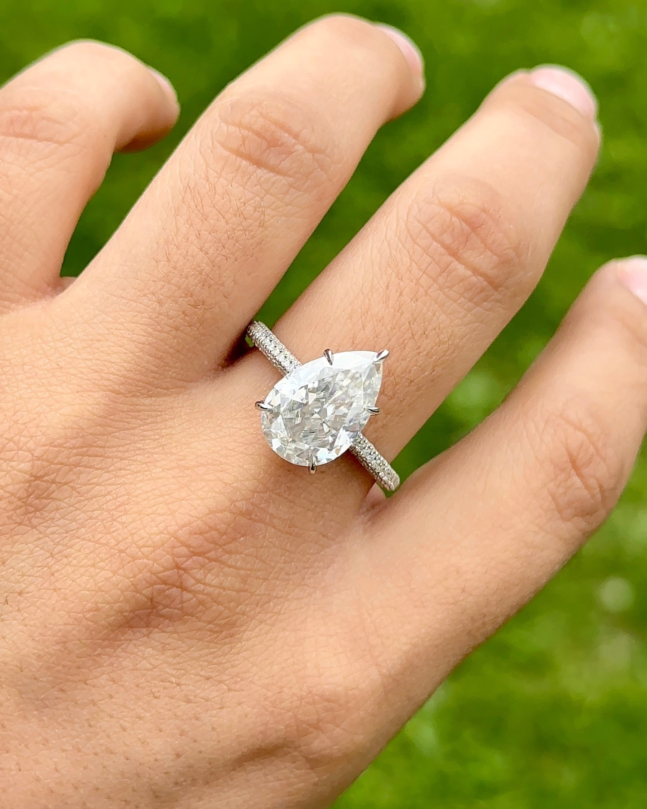 5.0ct Pear Cut Moissanite Three Row Pavè Lab Diamond Engagement Ring