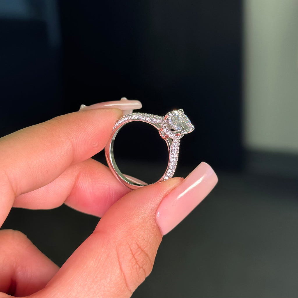 2.5ct Oval Cut Three Row Pavè Moissanite Engagement Ring