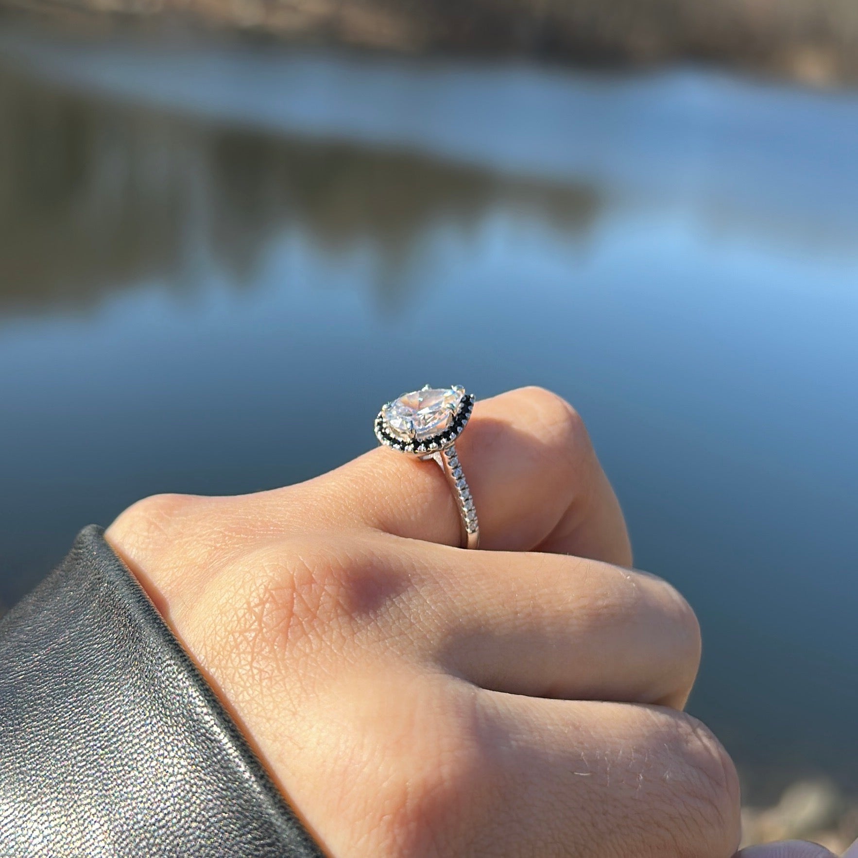 2.0ct Pear Cut Moissanite Black Halo Engagement Ring