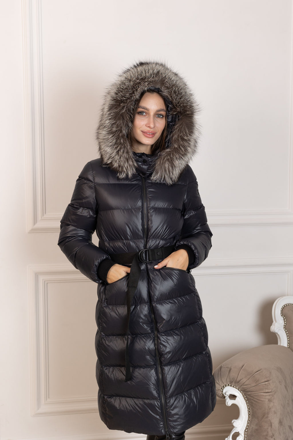 Genuine Silver Fox Fur Trim Down Fill Coat