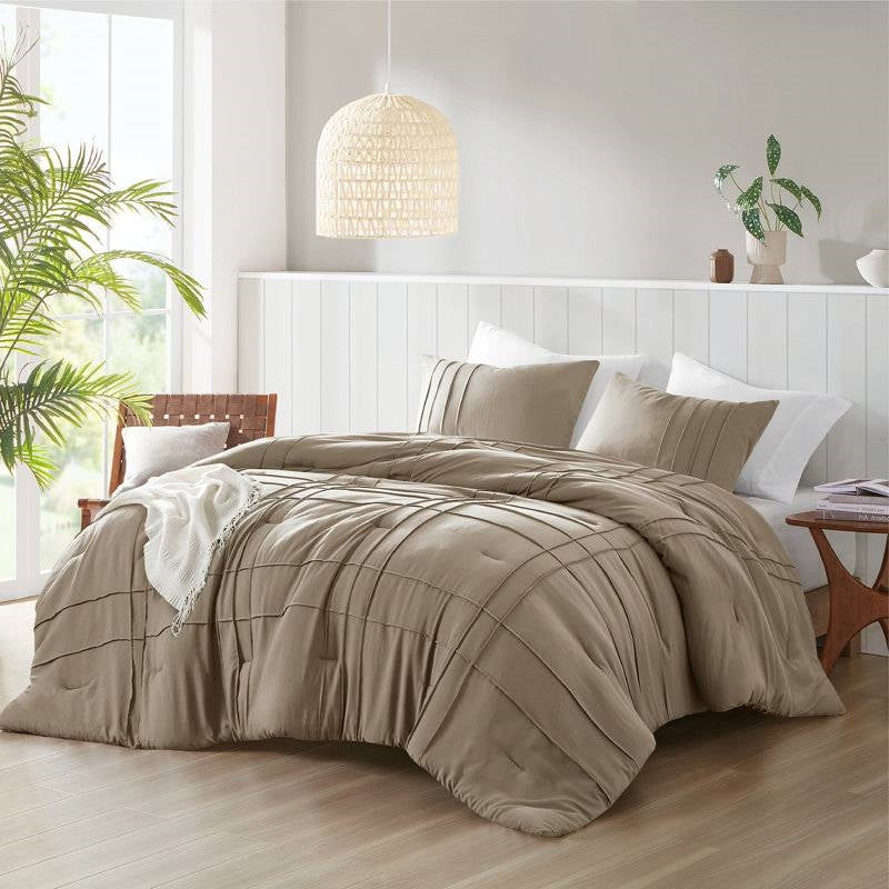 Queen size Microfiber Pleated Soft Lightweight Comforter Set Tan Khaki Taupe