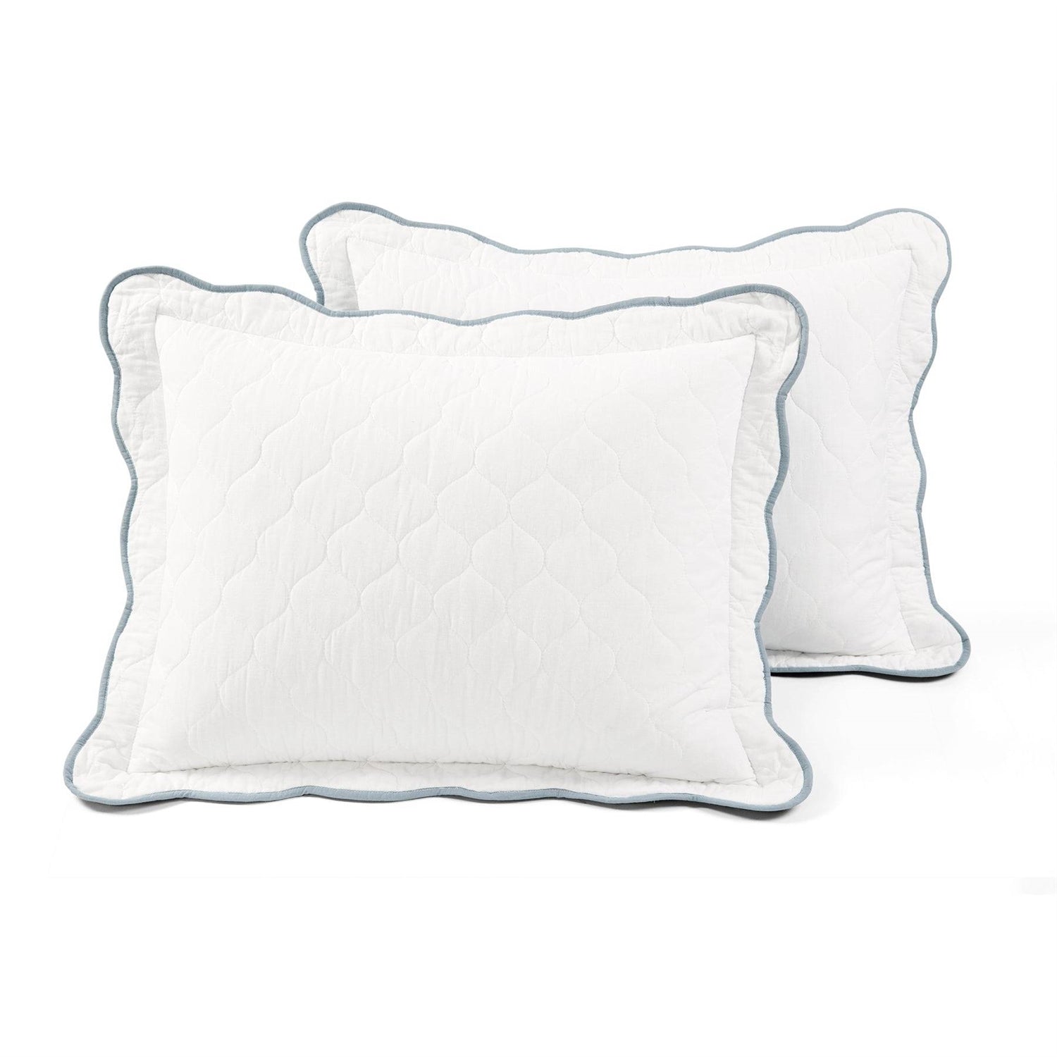 King/Cal King White Blue Scalloped Edge Reversible Thin Light Quilt Set