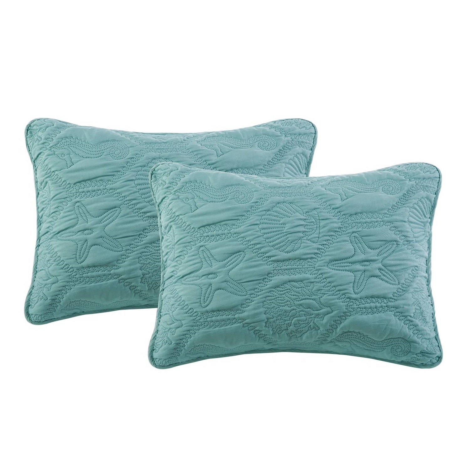 King Coastal Beach Starfish Seashell Seahorse Aqua Blue Teal 3-Piece Quilt Set