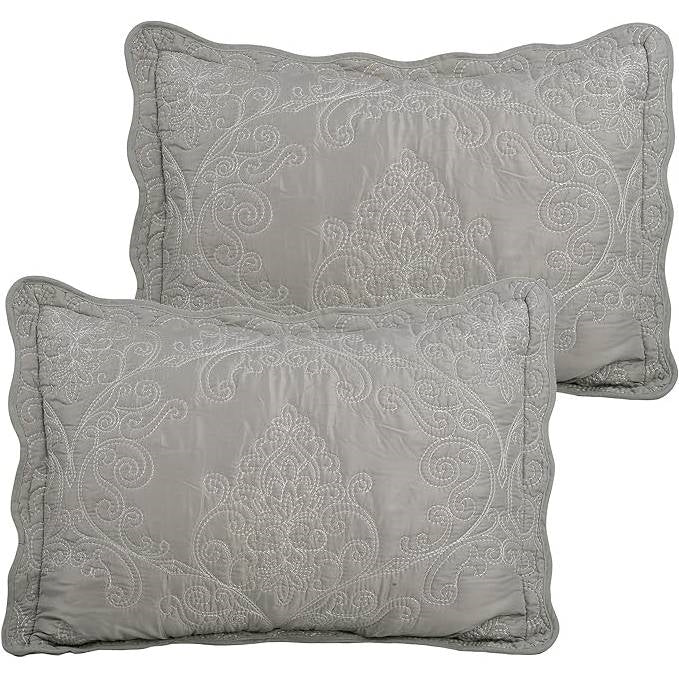 King size Ash Grey Damask Embroidered 4 Piece Oversized Bedspread Set