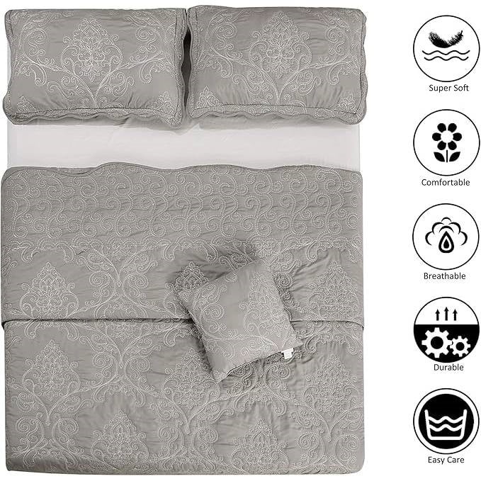 King size Ash Grey Damask Embroidered 4 Piece Oversized Bedspread Set