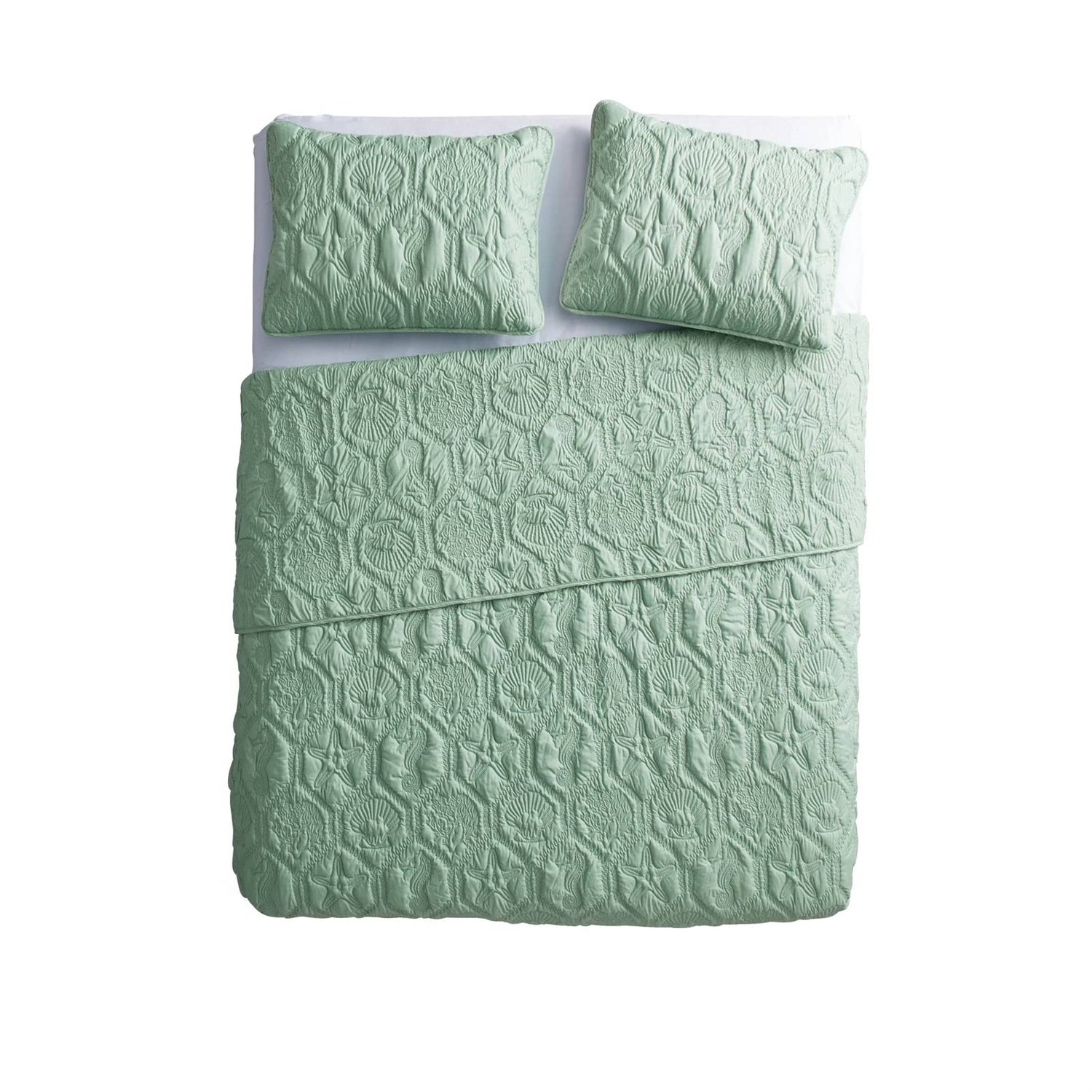 King Coastal Beach Starfish Seashell Seahorse Light Green Teal Quilt Set