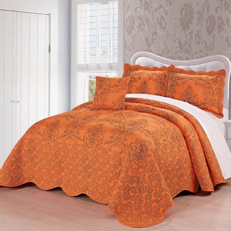 King size Orange Nectarine Damask Embroidered 4 Piece Oversized Bedspread Set