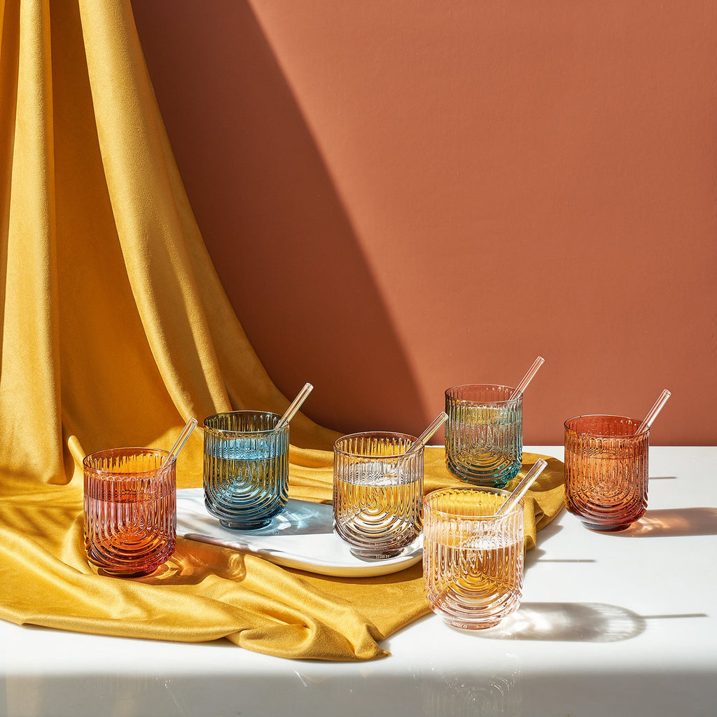 Tonal Lowball Cocktail Glassware with Straws, Set of 6