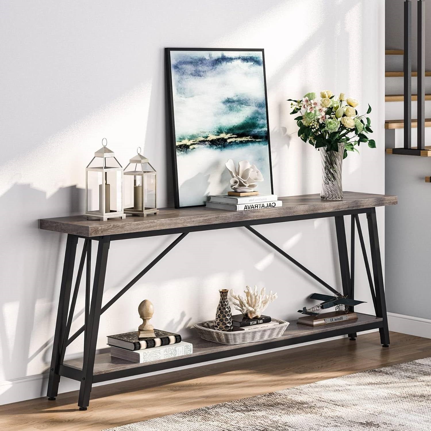 Heavy Duty 70-inch Industrial Grey Wood Top Sofa Table with Black Metal Frame