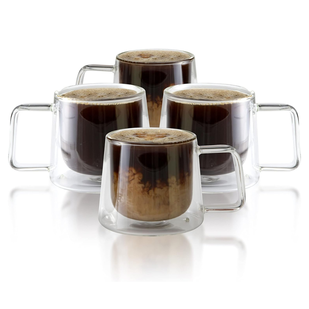 Double Walled Glass Coffee Drink Mug with Handle - Set of 4 - 8.5oz