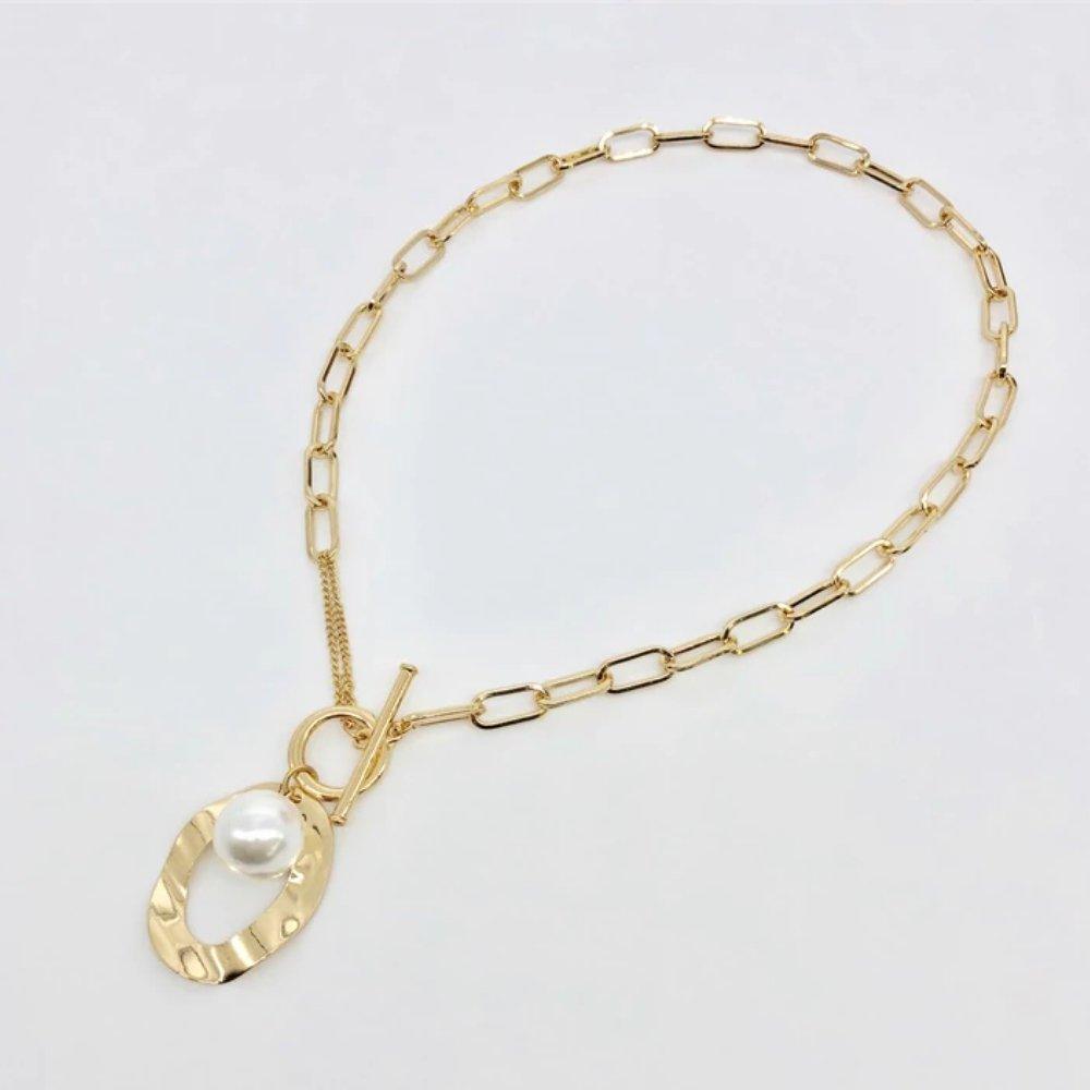 Large Link Necklace with Simulated Pearl