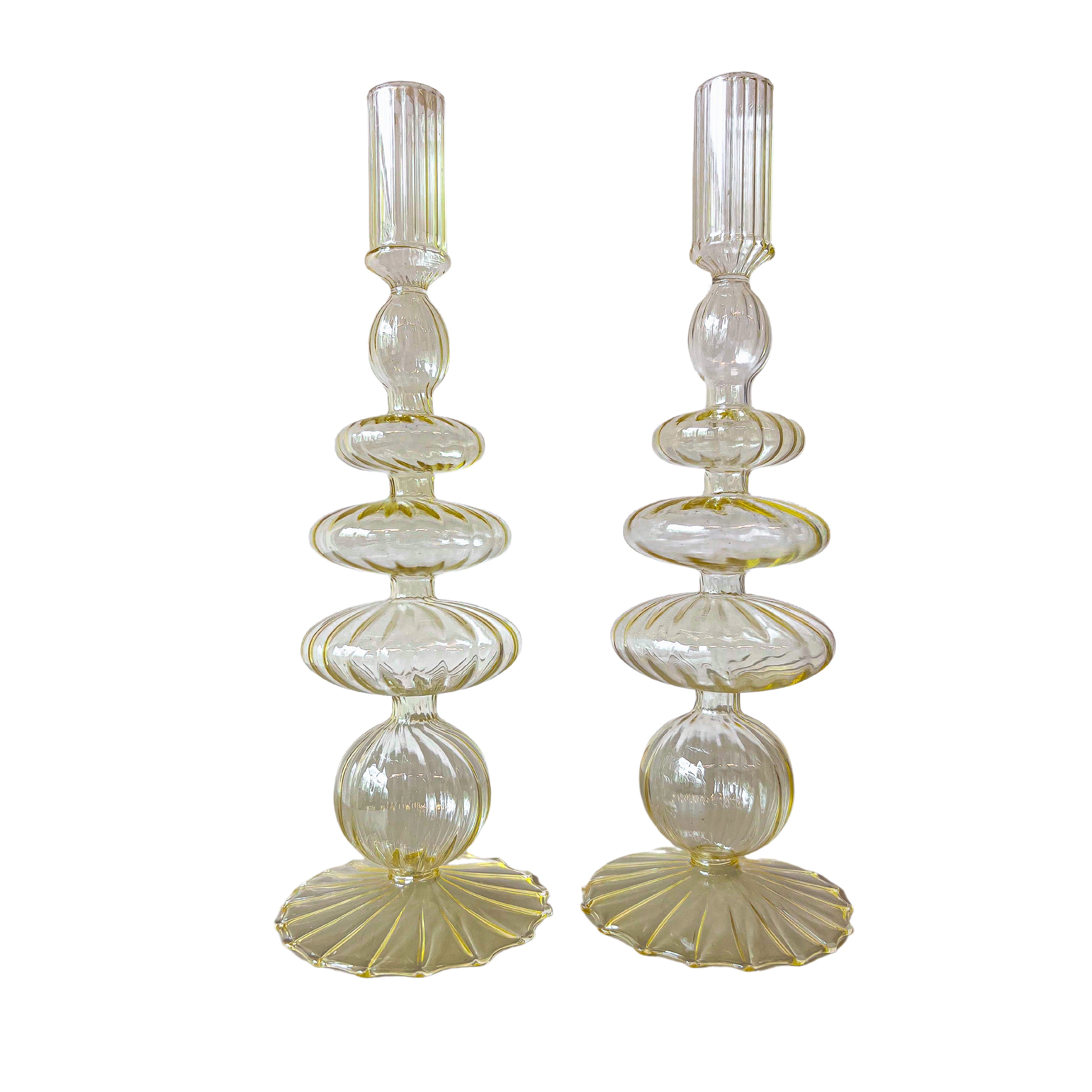 Buttercream Yellow Ribbed Candle Holder - Pair