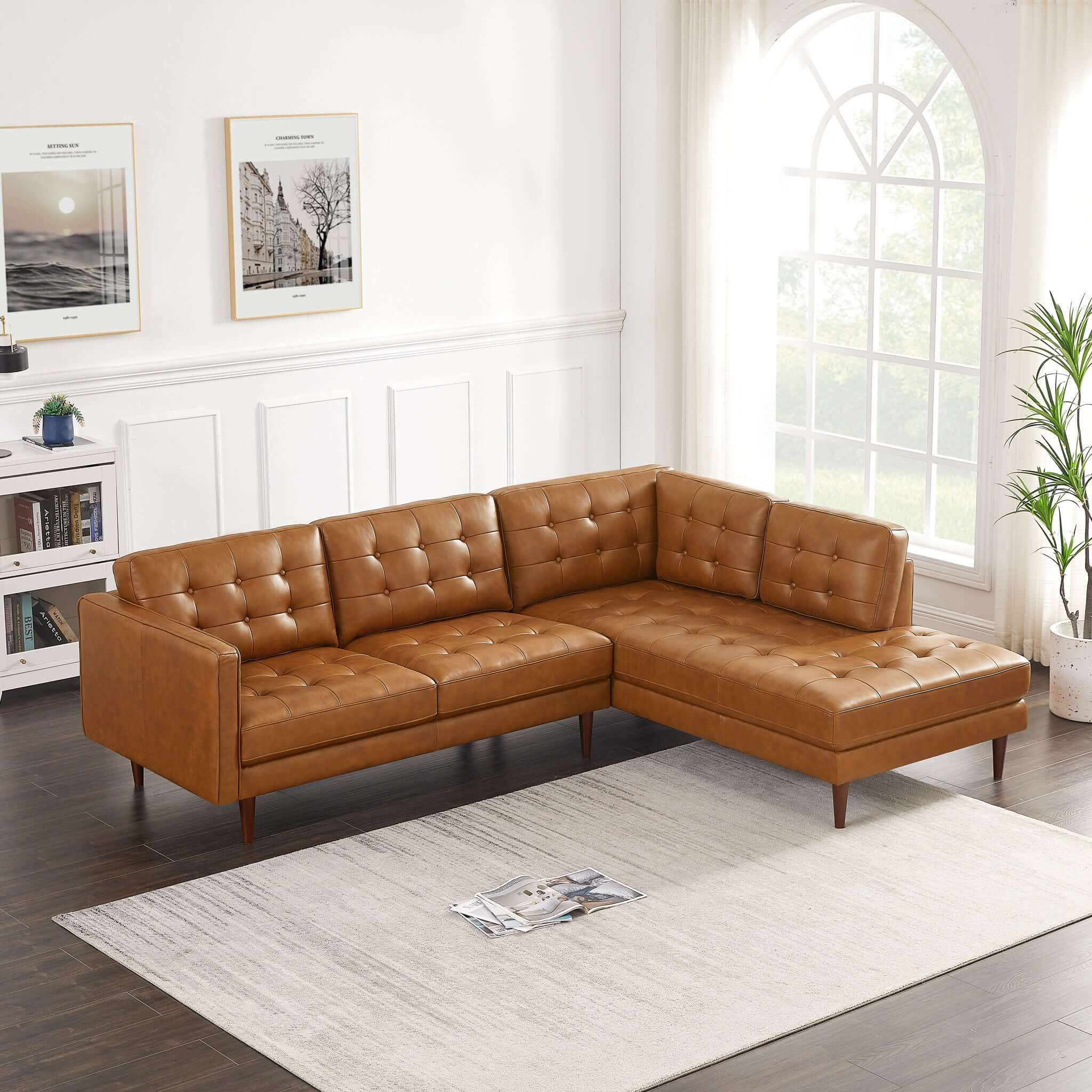Lucco  Genuine Leather Sectional In Cognac Tan Right Facing – Designer