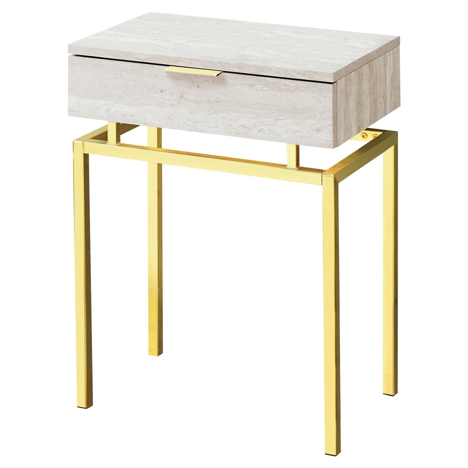 24in Modern End Table 1 Drawer Nightstand Beige Marble Gold Legs