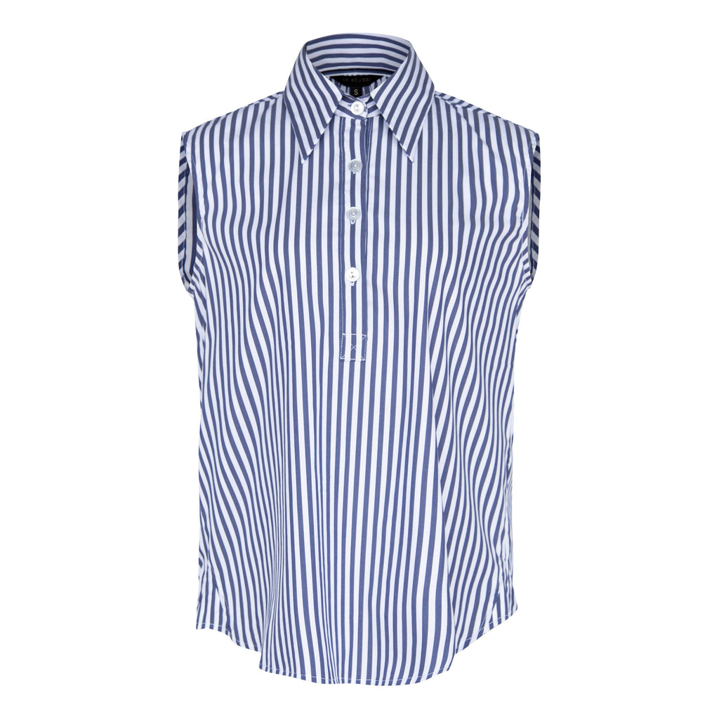 Olivia Sleeveless Blue Stripe Blouse – Italian Cotton Women’s Top