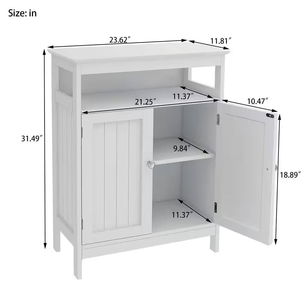2-Door Bathroom Linen Cabinet with Storage Shelf in White Wood Finish