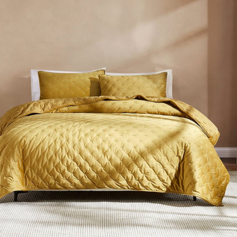 Full / Queen 3-Piece Mustard Yellow Velvet Embroidered Lavishly Soft Quilt Set