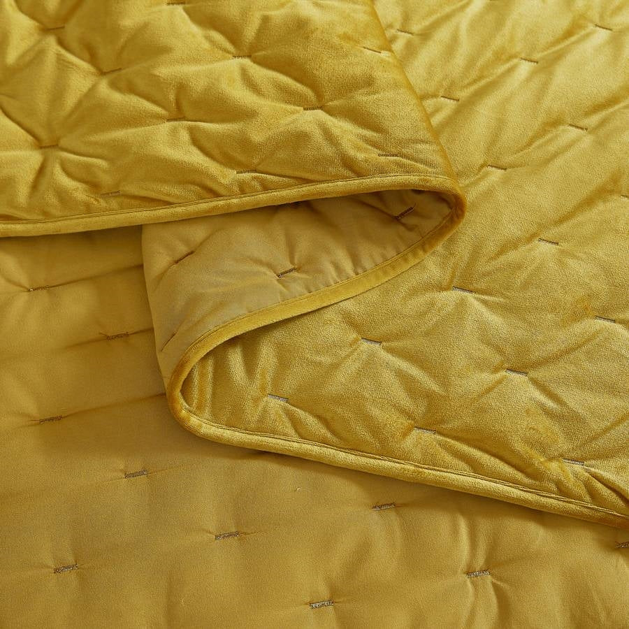 Full / Queen 3-Piece Mustard Yellow Velvet Embroidered Lavishly Soft Quilt Set