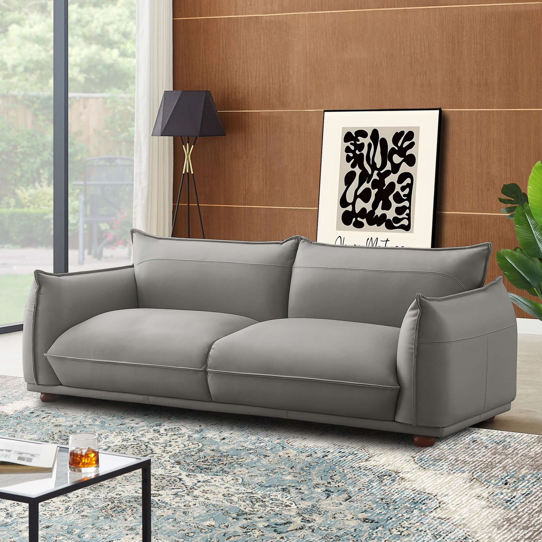 Emma Mid Century Modern Luxury Grey Leather Sofa – Designer Sofa – Cur