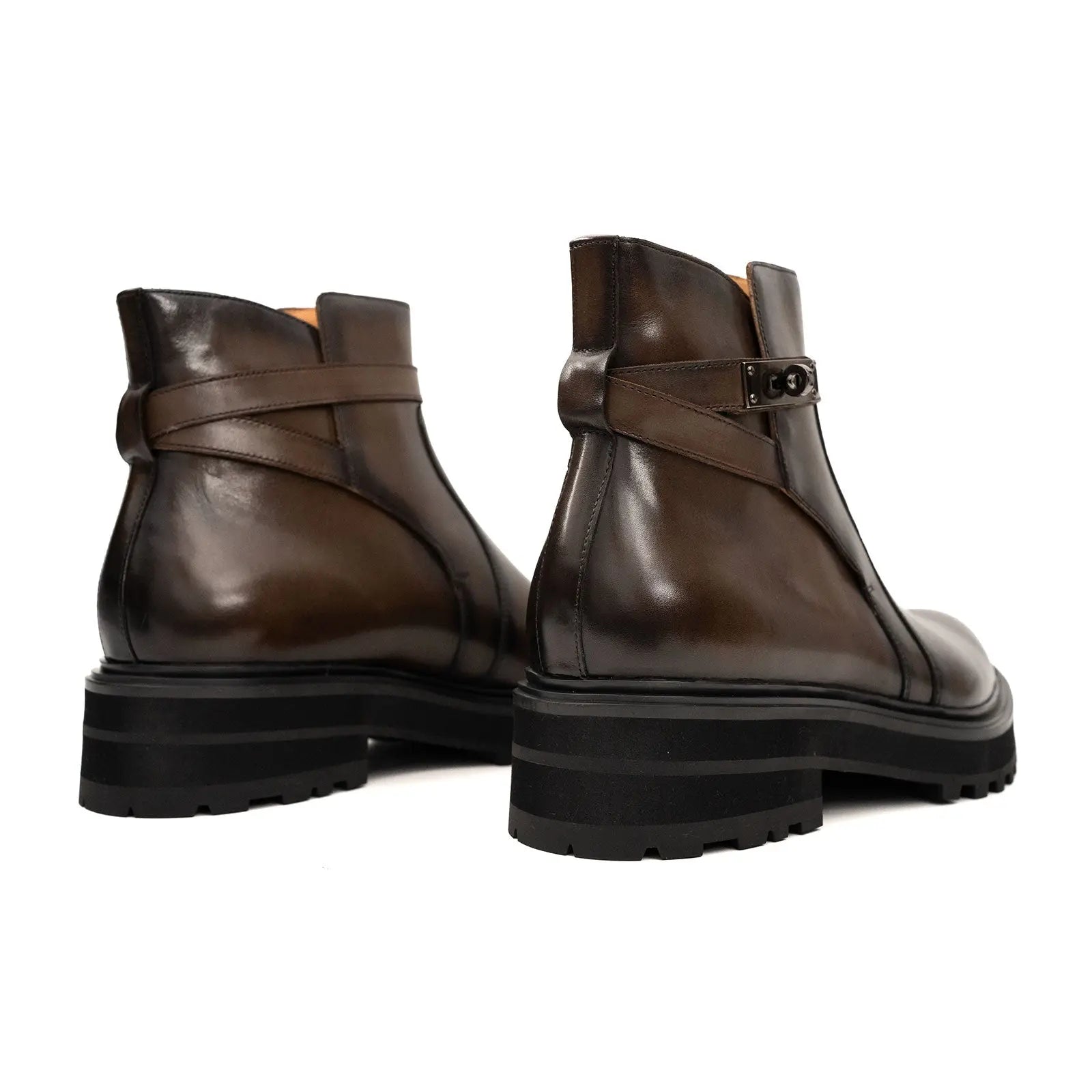 Men's Coffee Calfskin Buckle Chelsea Boots