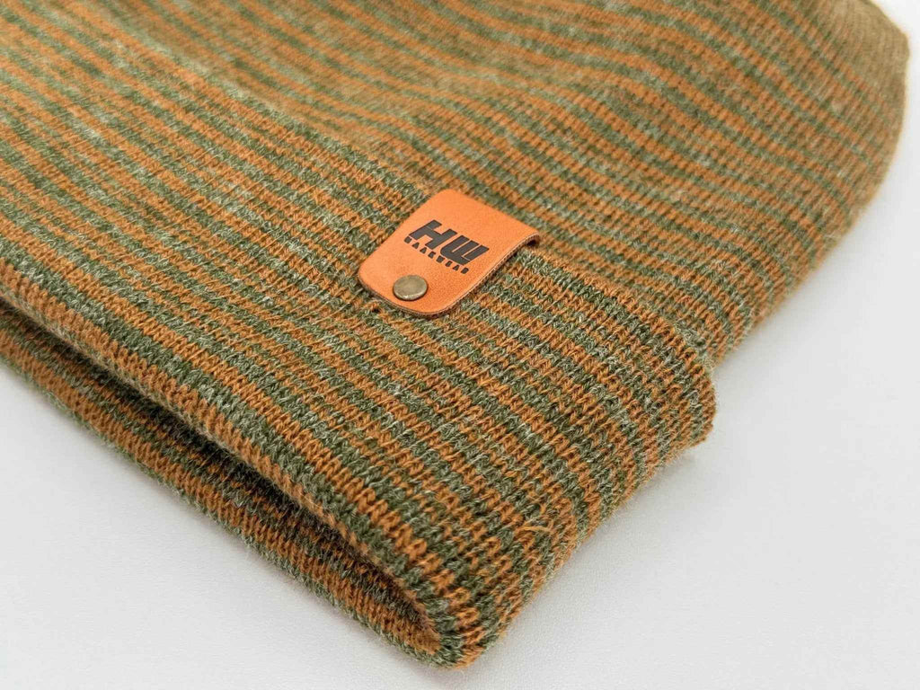 Trending Men’s Beanie – Modern H-Stitch Cuffed Beanie | Brown & Green Contrast | Made in USA