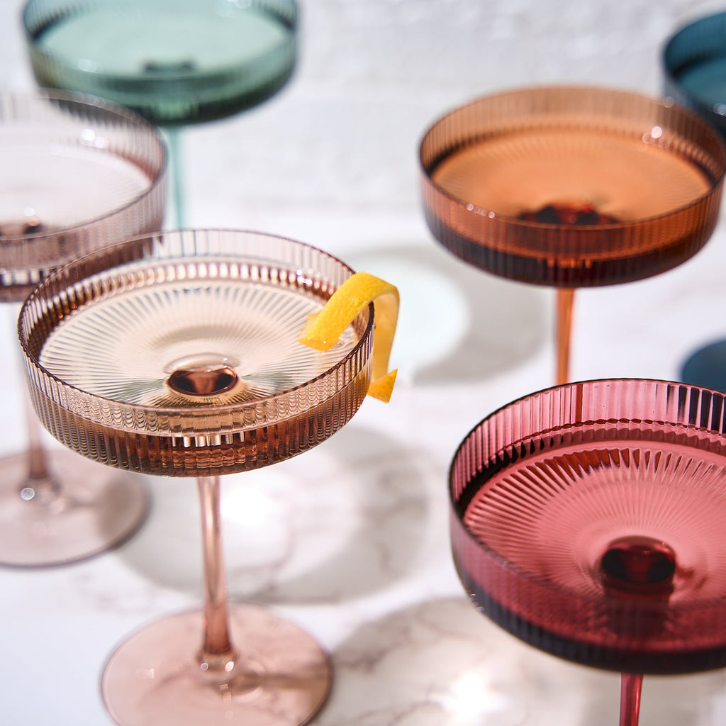 Tonal Ribbed Champagne Coupe, Cocktail Glassware, Set of 6