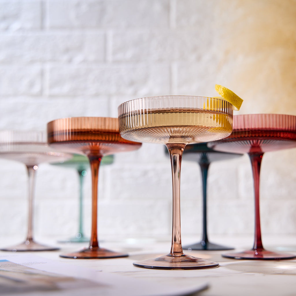 Tonal Ribbed Champagne Coupe, Cocktail Glassware, Set of 6