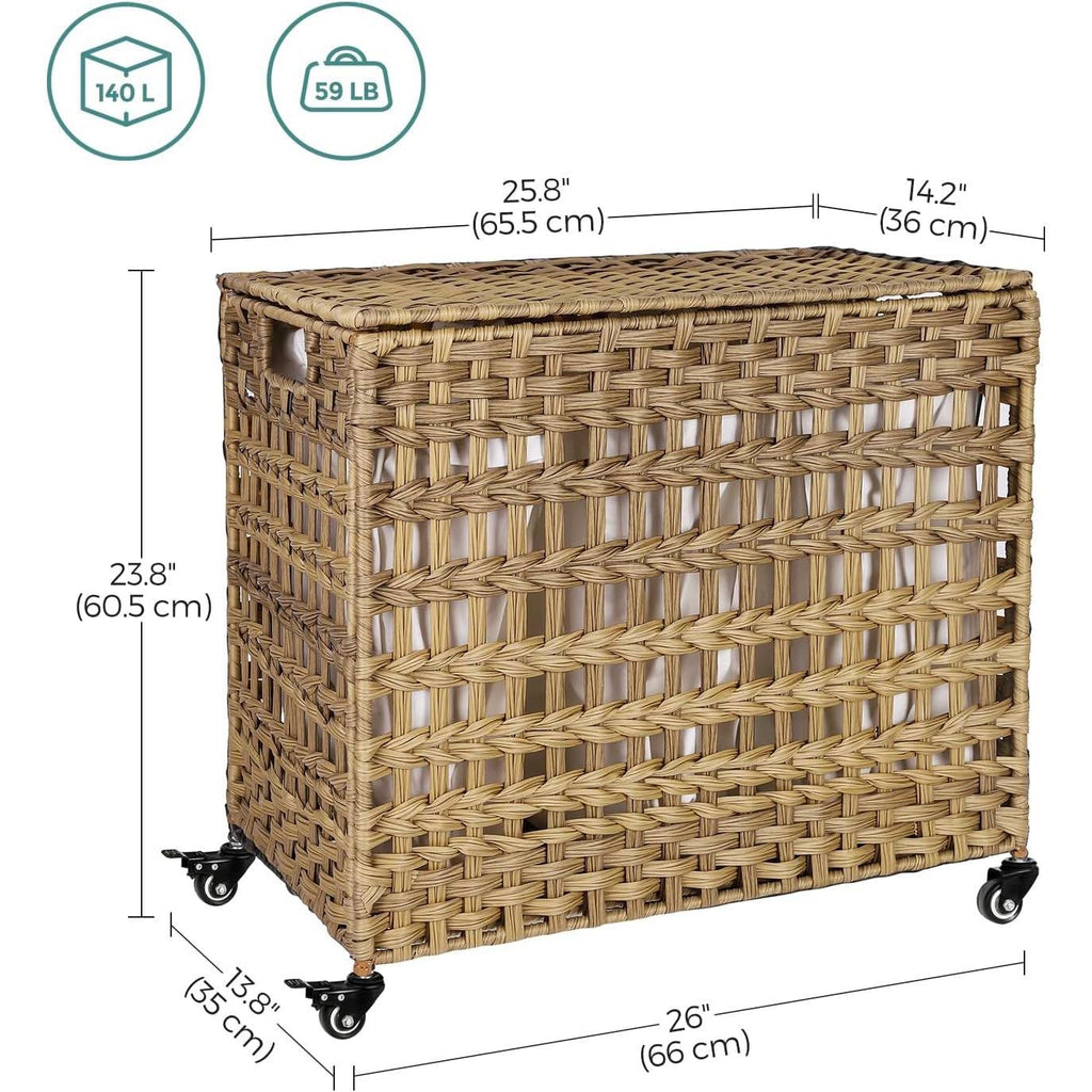 Tan PP Rattan 3-Basket Laundry Hamper Sorter Cart with Removable Cotton Bags