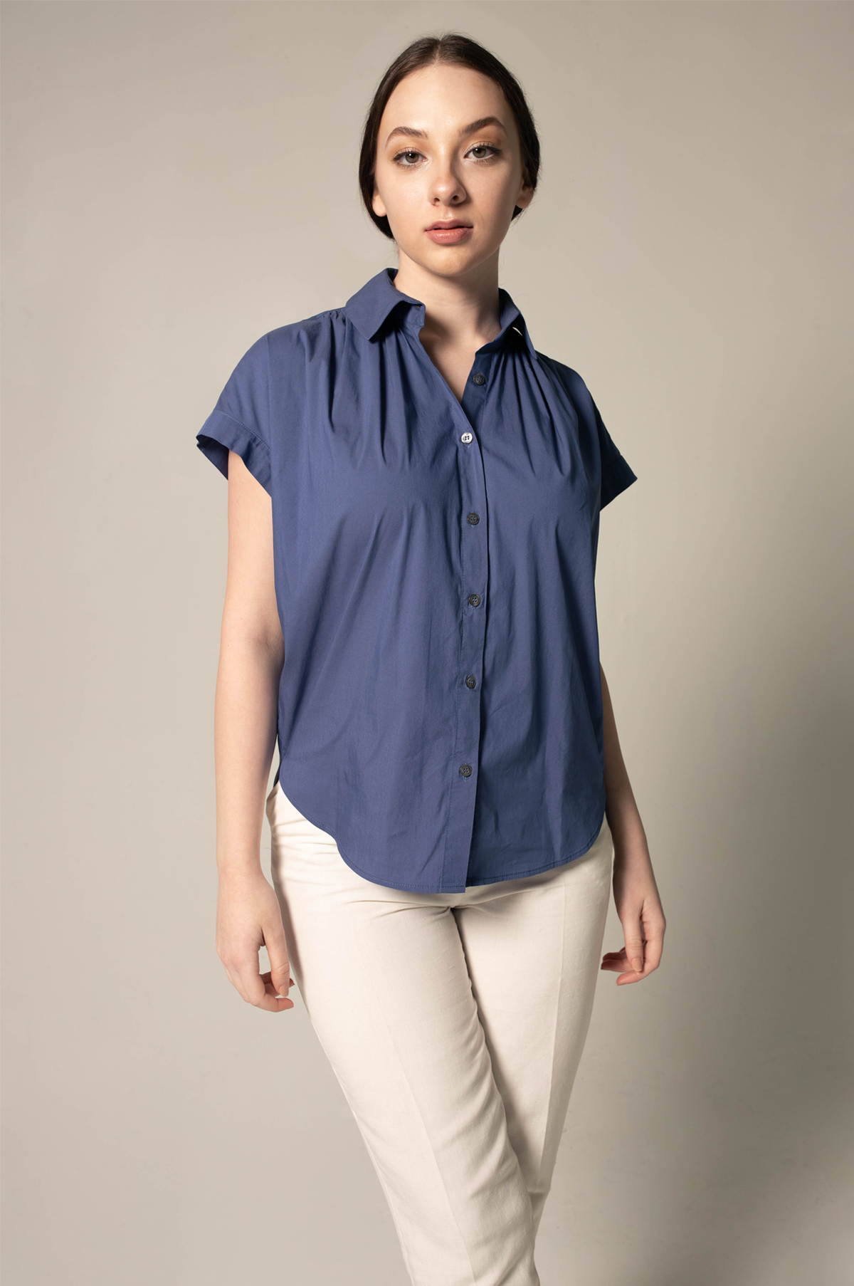 Womens Gather Collar Shirt in Navy – Elegant Blouse