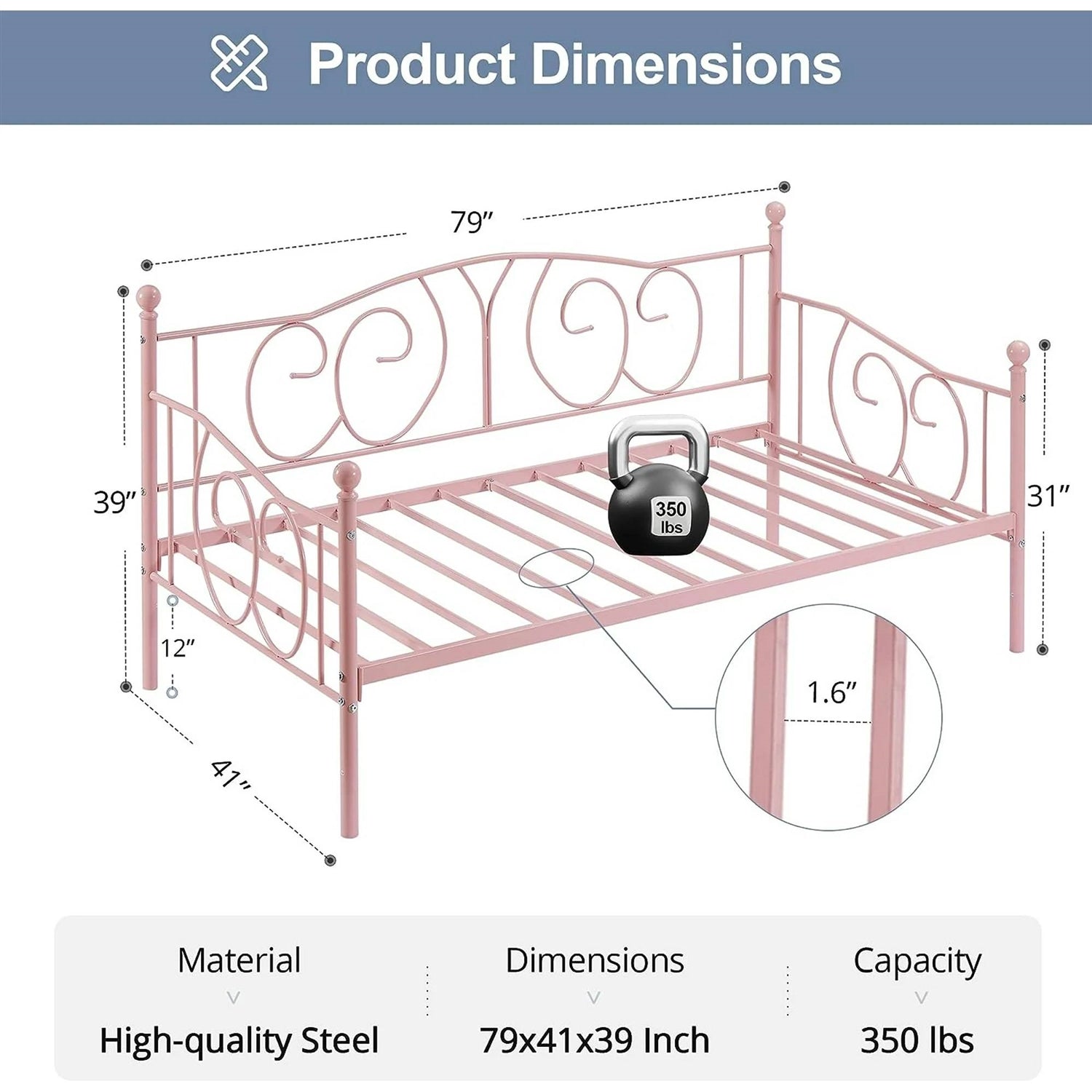 Twin size Victorian Pink Metal Daybed Frame - 350 lbs. Weight Capacity