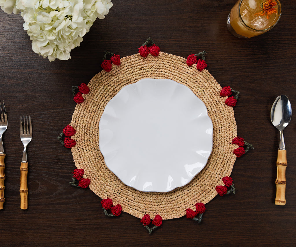 Cherry Scalloped Edge Placemat – 14” Hand-Crocheted Raffia – Artisan Summer Table Decor – Coastal & Boho Dining