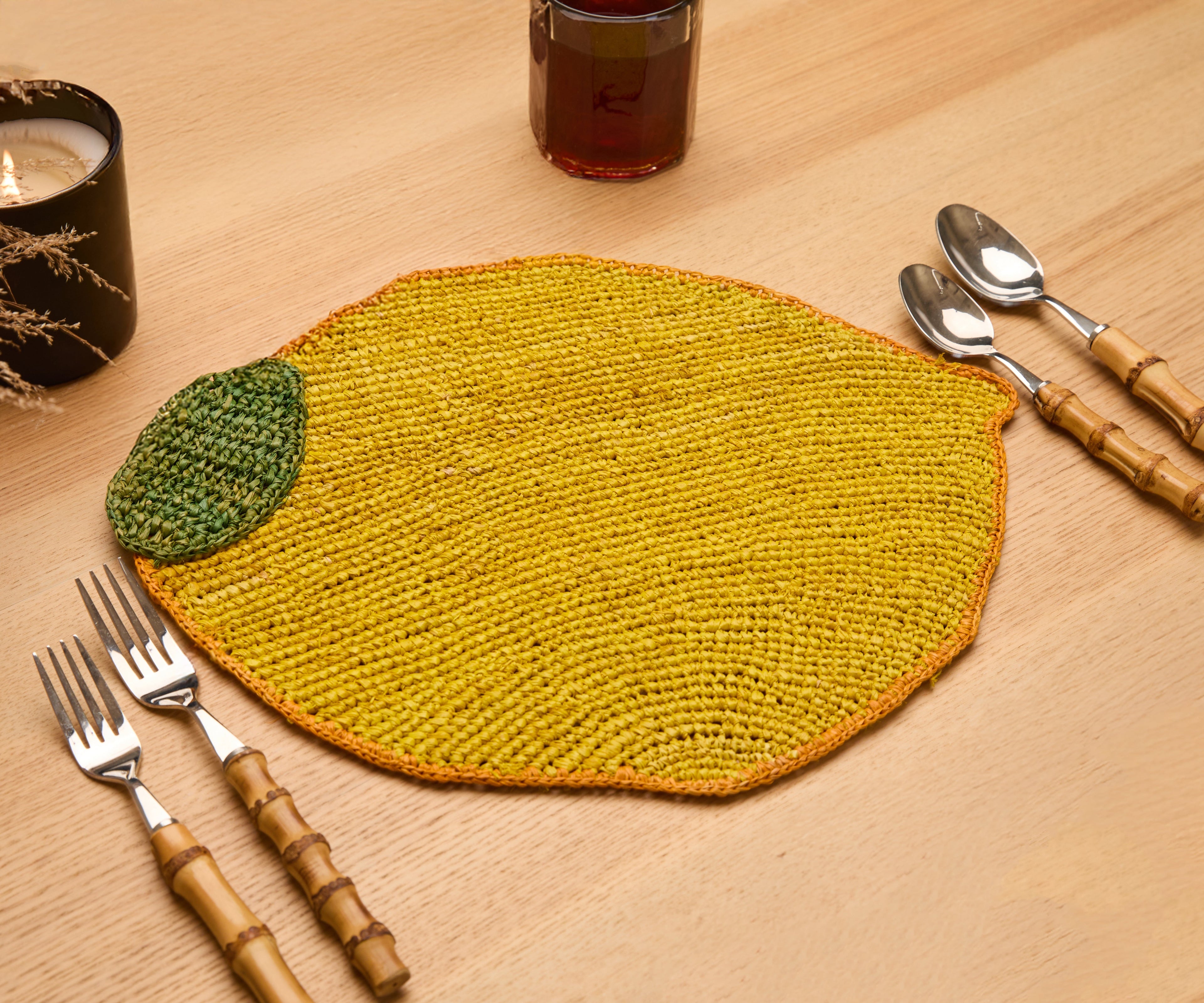 Handwoven Lemon Placemat – Raffia Fruit Shaped Table Mat, Summer Table Decor