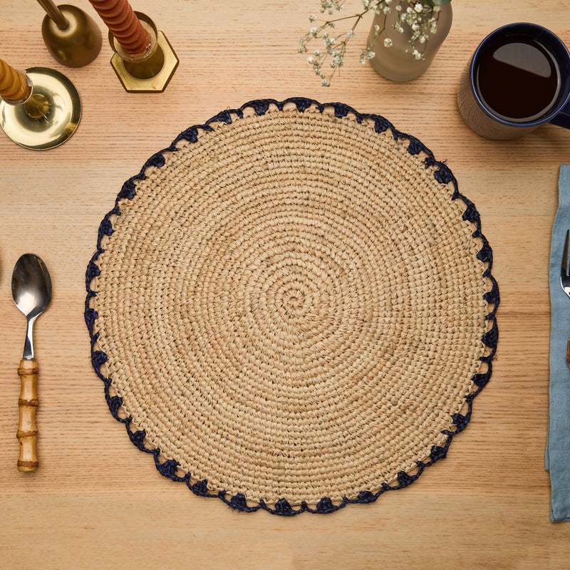 Handwoven Aura Blue Edge Placemat - Rustic Woven Raffia Tabletop Decor