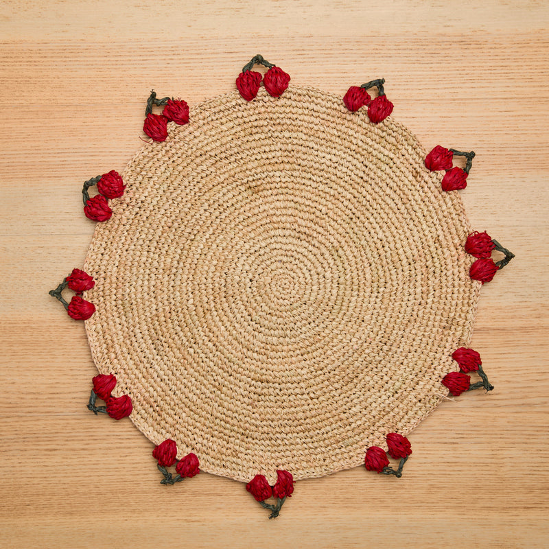 Cherry Scalloped Edge Placemat – 14” Hand-Crocheted Raffia – Artisan Summer Table Decor – Coastal & Boho Dining