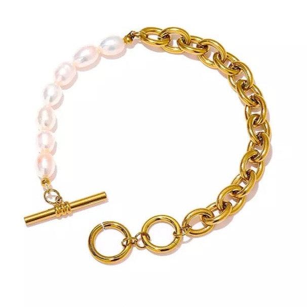 Pearl Bracelet with Link Chain and Toggle Clasp