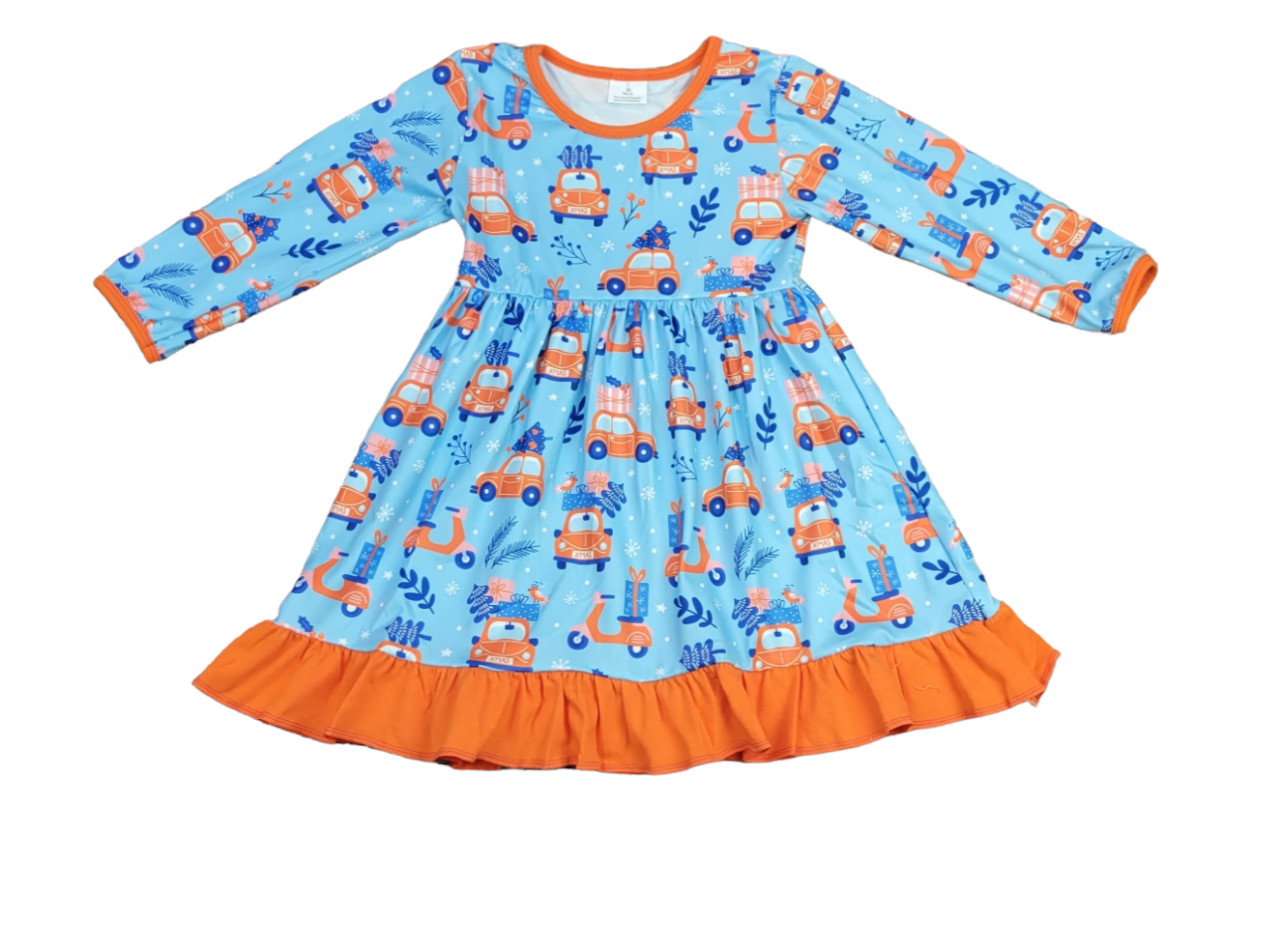 Christmas Car Long Sleeve Ruffle Milk Silk Dress