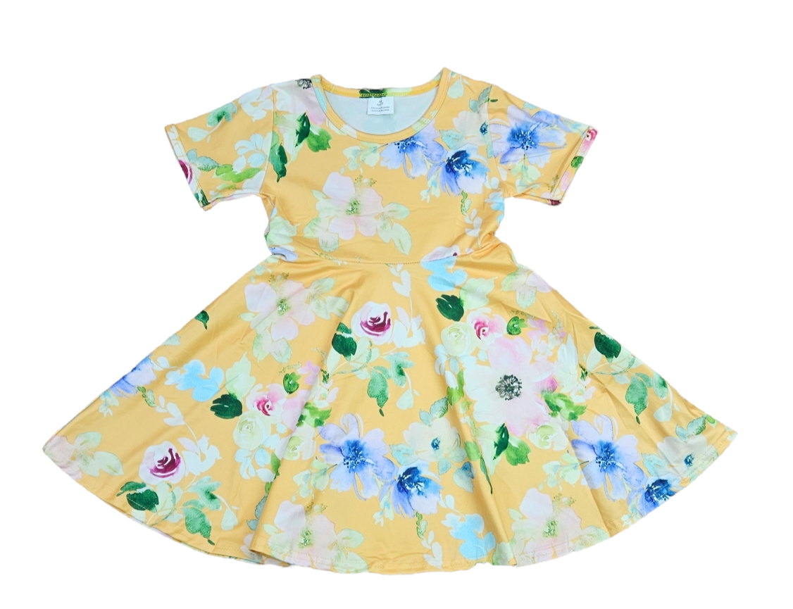 Yellow Floral Short Sleeve Milk Silk Twirl Dress