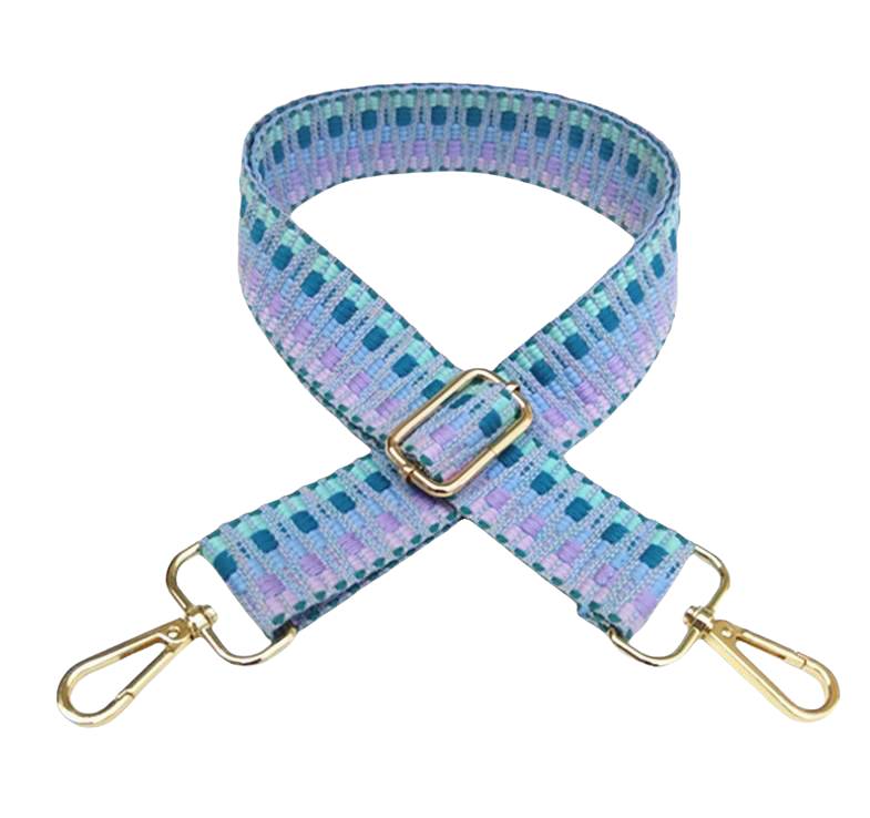 Teal/Blue/Purple Embroidered Bag Strap - Gold Hardware