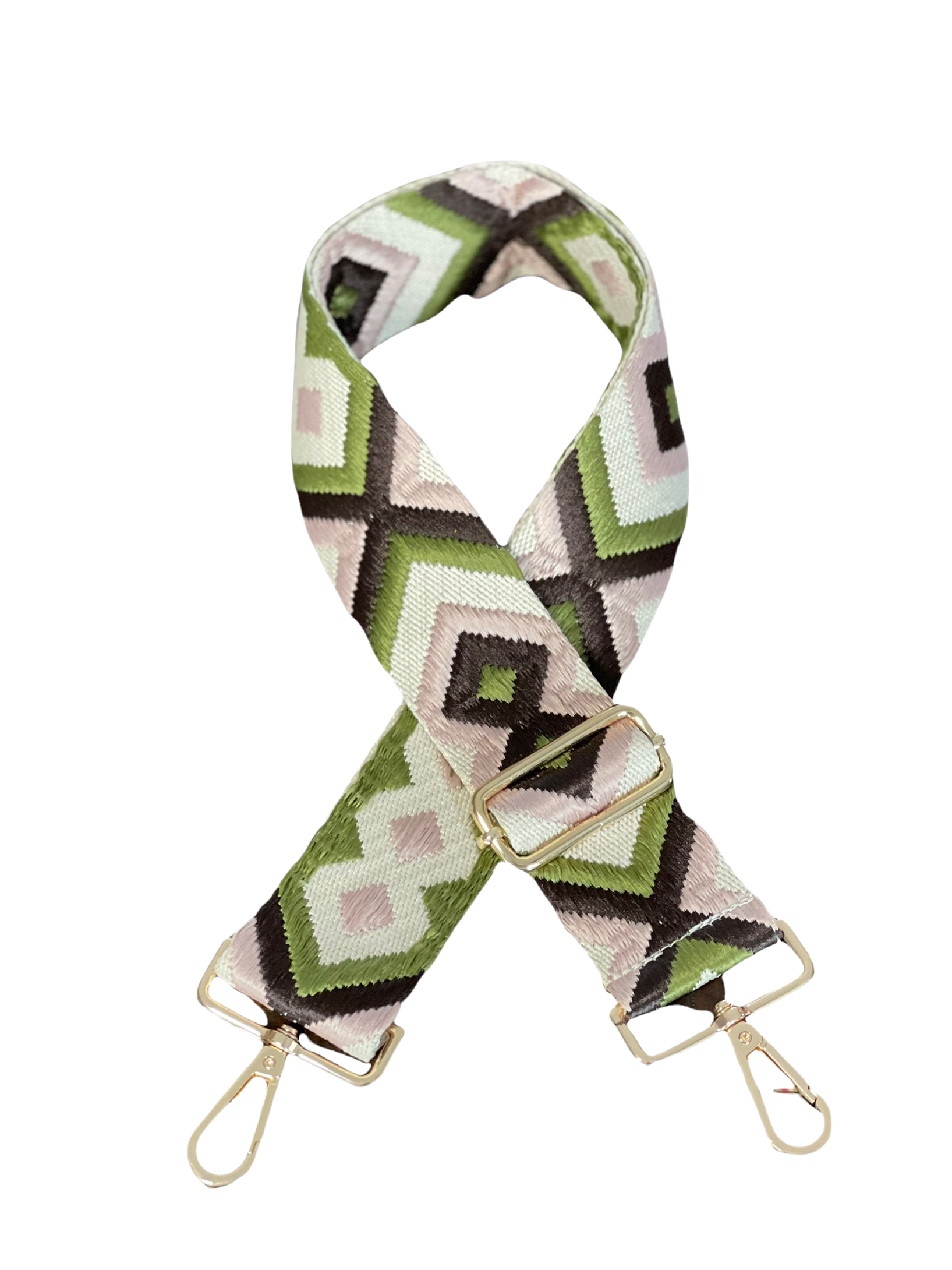 Olive Green & Light Pink Boho Bag Strap - Gold Hardware