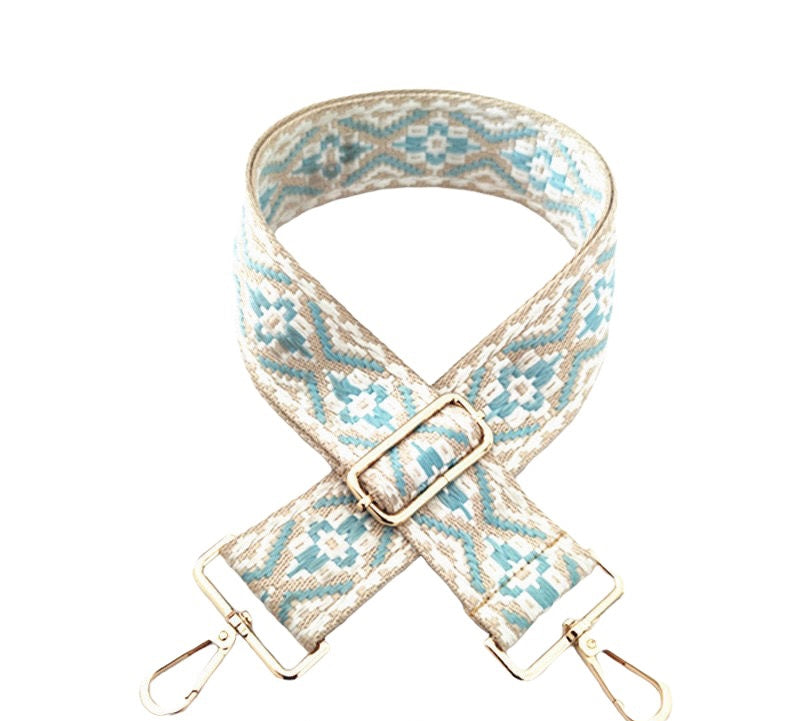 Light Blue Aztec Bag Strap - Gold Hardware