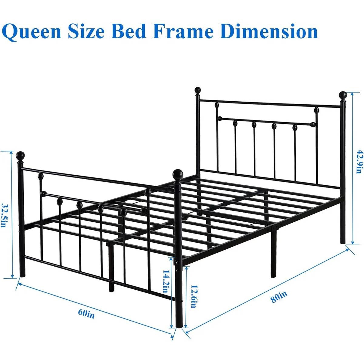 Queen size Vintage Style Black Metal Platform Bed Frame with Headboard Footboard