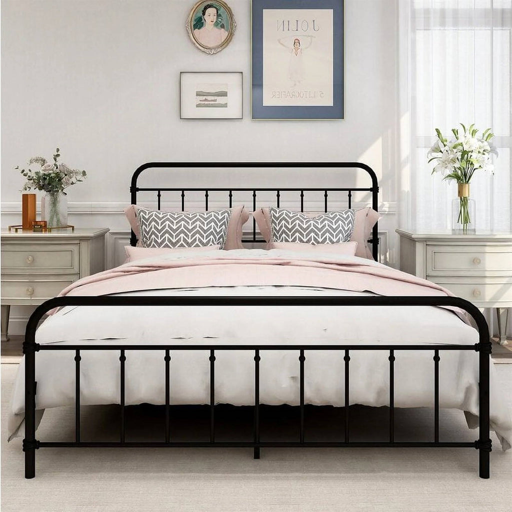 Queen Classic Farmhouse Black Metal Bed Frame with Rounded Headboard Footboard