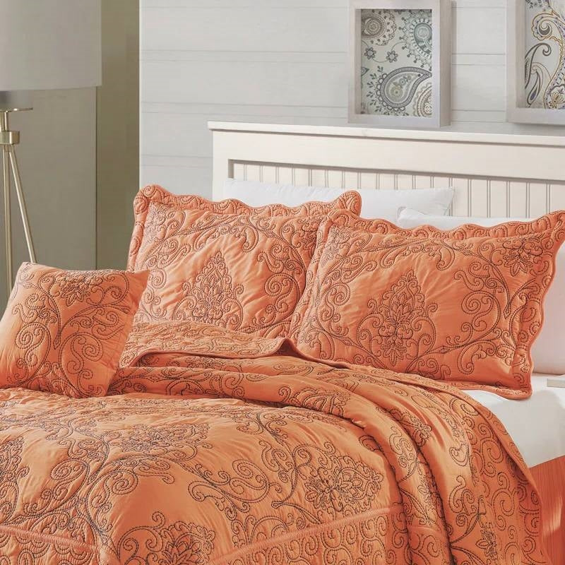 Queen size Orange Nectarine Damask Embroidered 4 Piece Oversized Bedspread Set